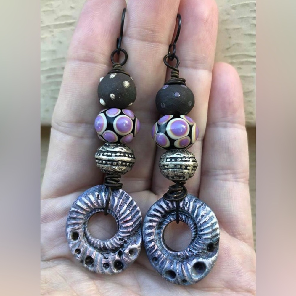 OOAK Sterling, copper, artisan lampwork and polymer clay earrings by Cheryl Zink